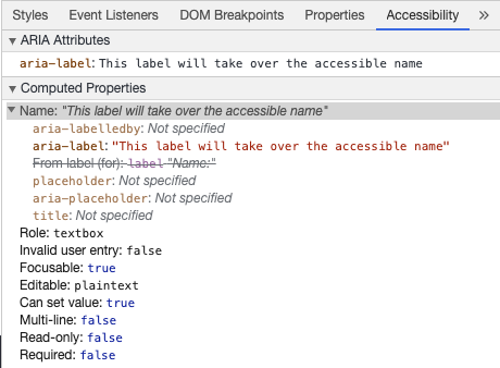 Chrome Developer Tools showing input accessible name from aria-label